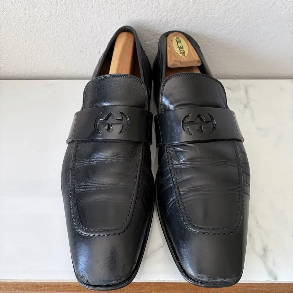 Gucci Interlocking GG Leather Slip On Loafers Size 10.5 Black